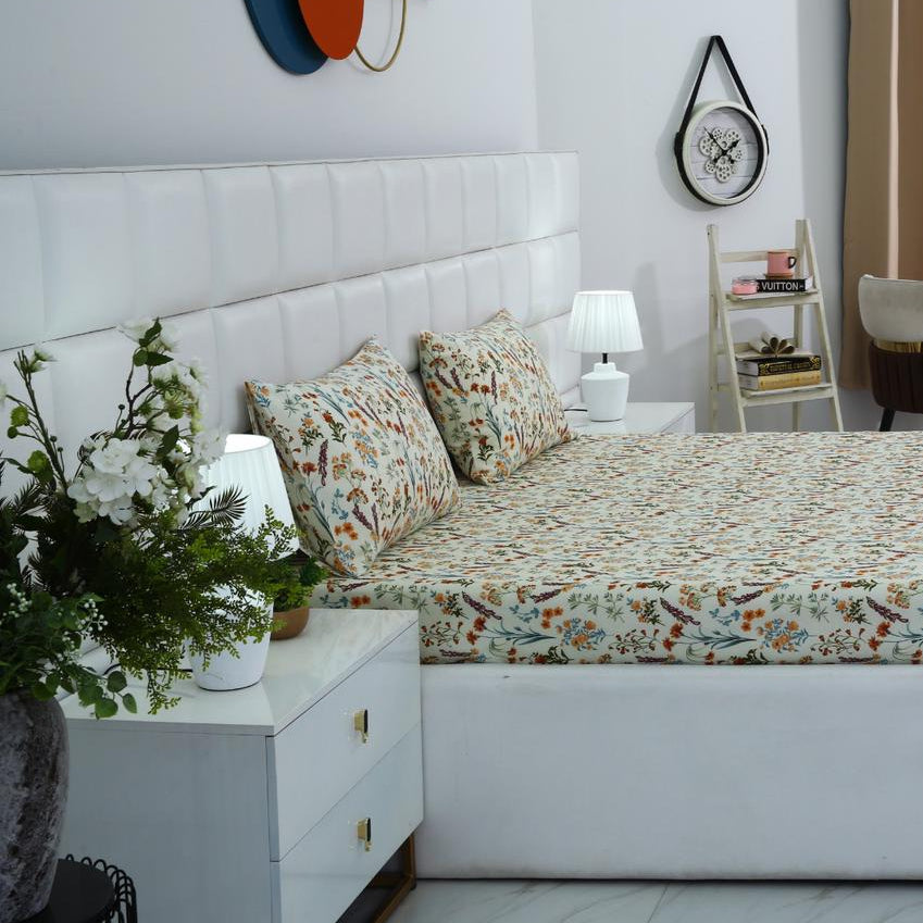 3 PCs Double Bed Sheet-Botanical Charm Bed Sheets Apricot