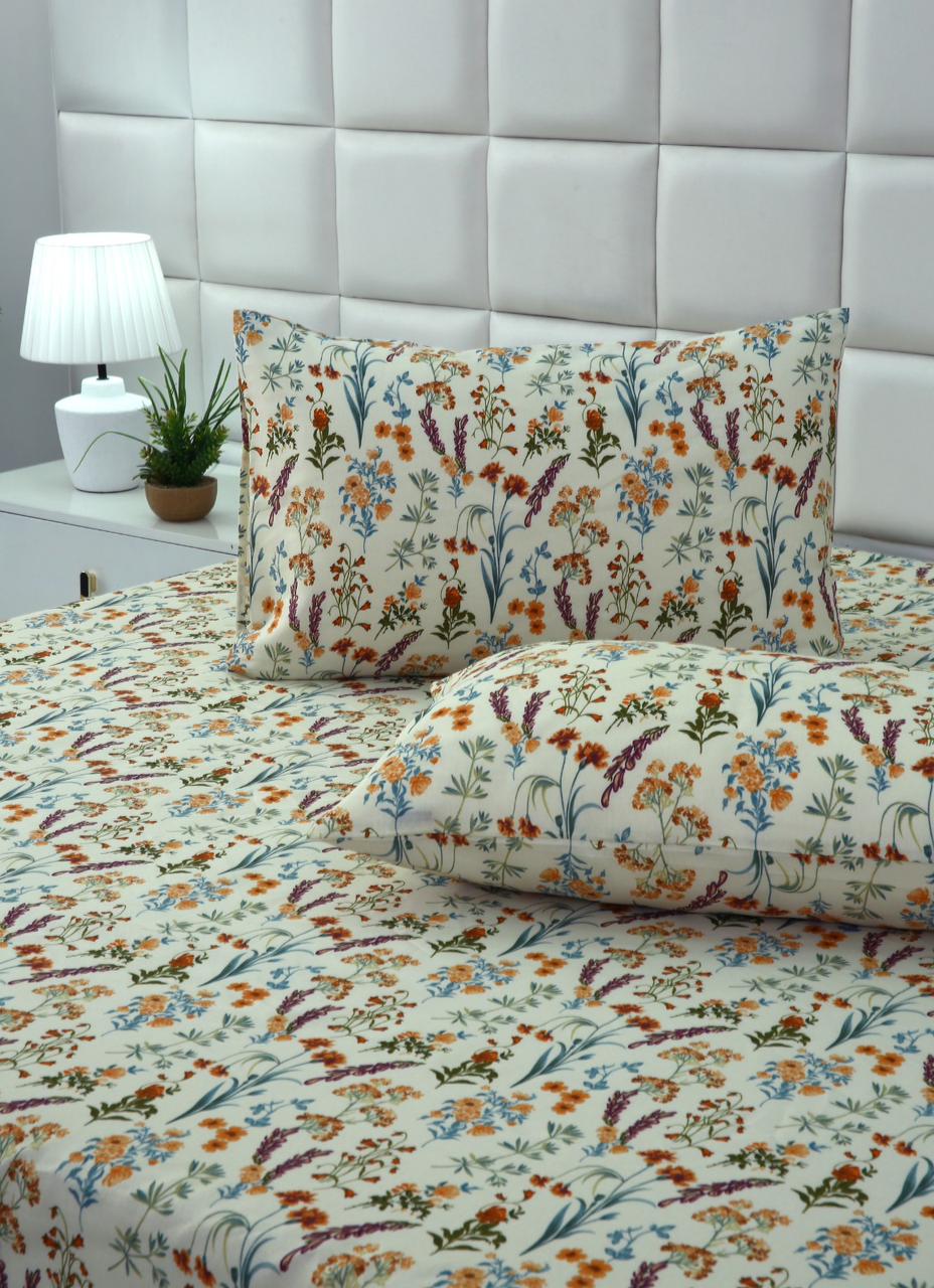 3 PCs Double Bed Sheet-Botanical Charm Bed Sheets Apricot