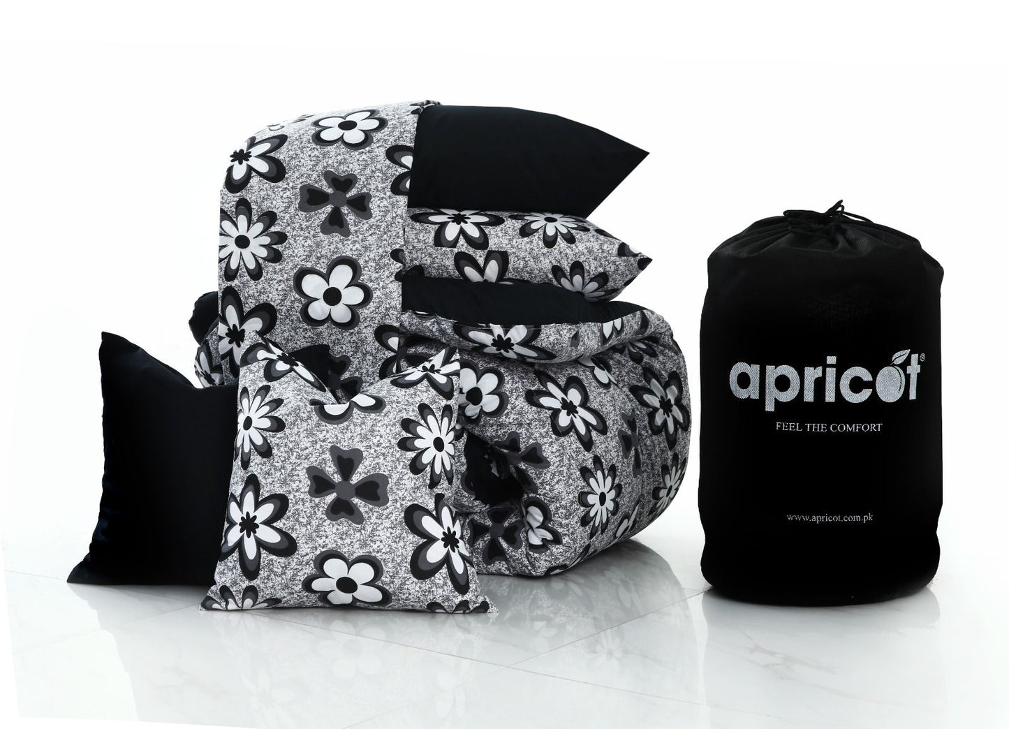 8 PCs Winter Razai Set-Black Flowers Comforters Apricot