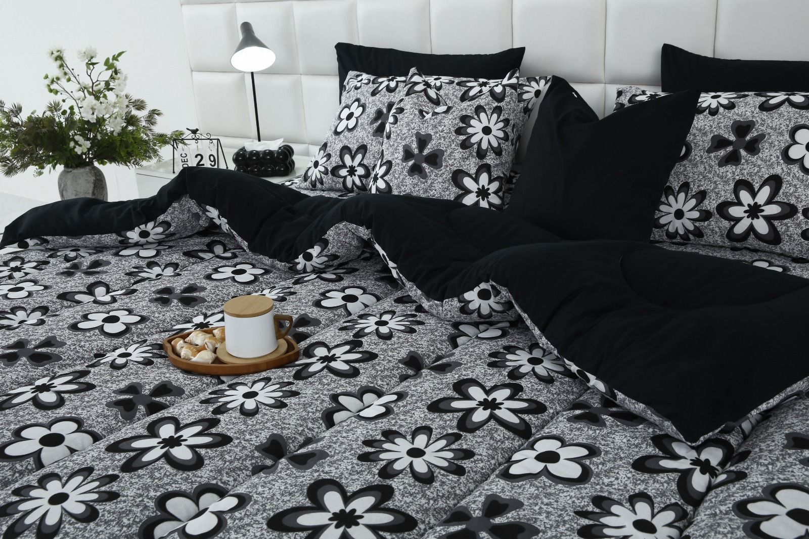 8 PCs Winter Razai Set-Black Flowers Comforters Apricot