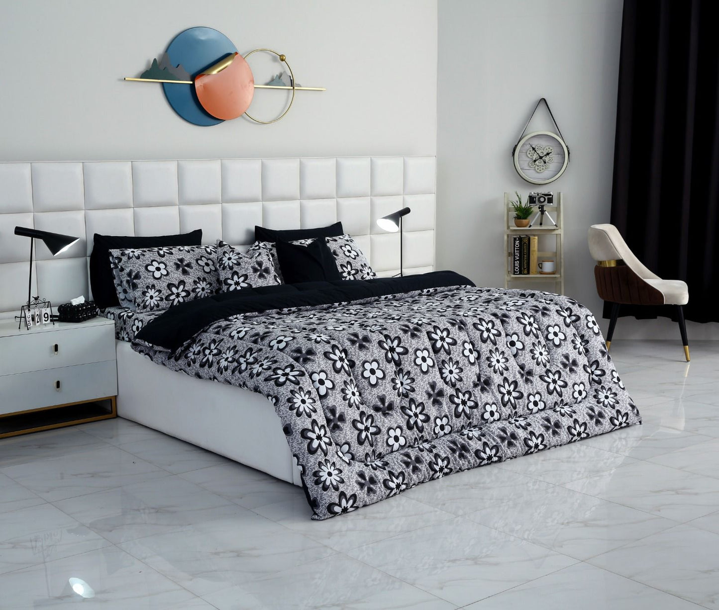 8 PCs Winter Razai Set-Black Flowers Comforters Apricot
