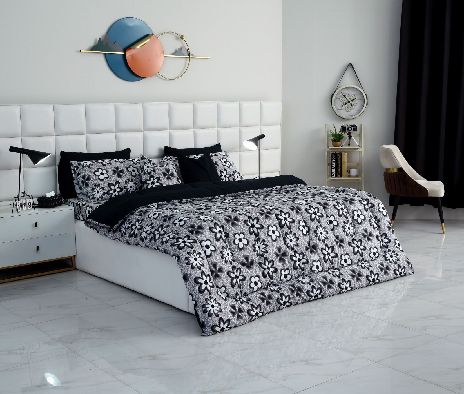 8 PCs Winter Razai Set-Black Flowers Comforters Apricot