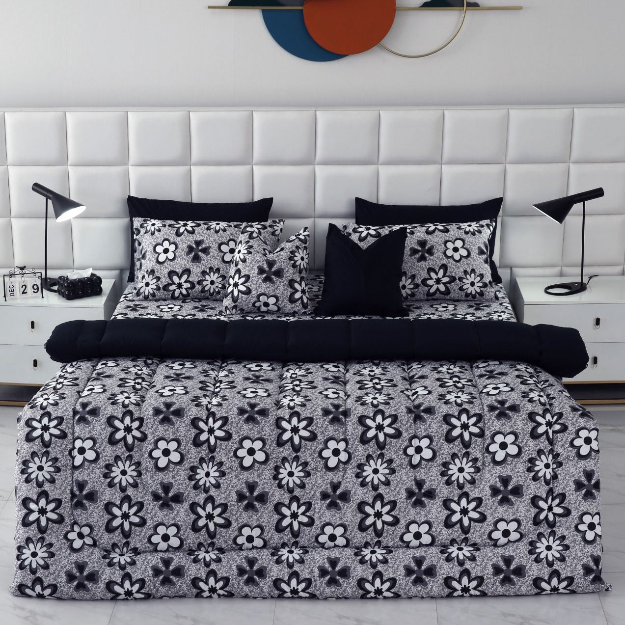 8 PCs Winter Razai Set-Black Flowers Comforters Apricot
