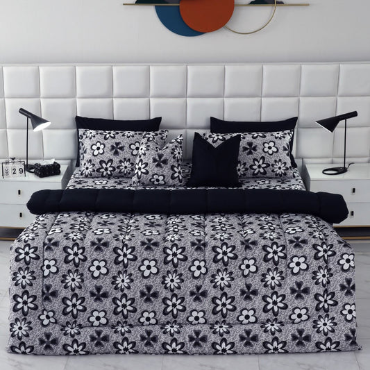 8 PCs Winter Razai Set-Black Flowers Comforters Apricot