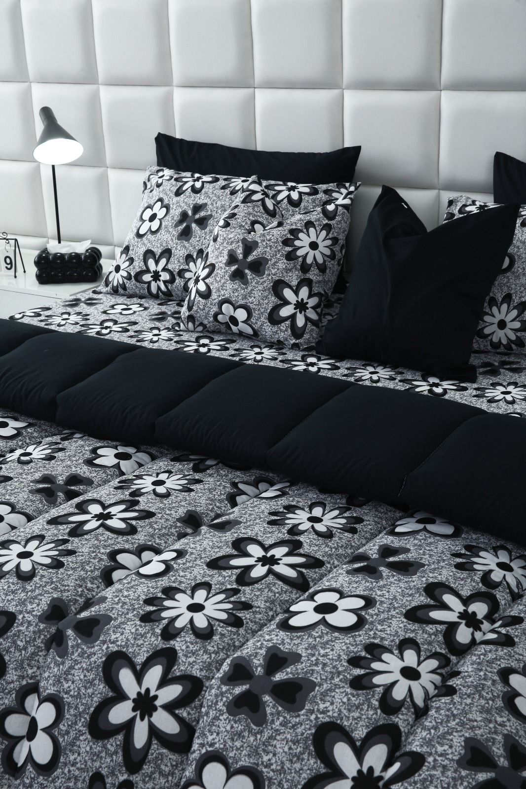8 PCs Winter Razai Set-Black Flowers Comforters Apricot