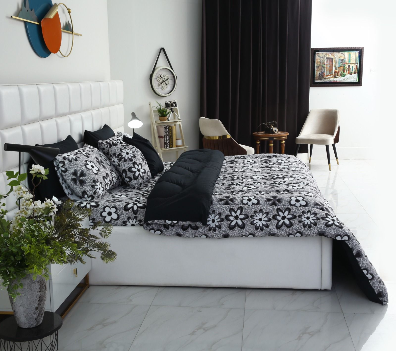 8 PCs Winter Razai Set-Black Flowers Comforters Apricot