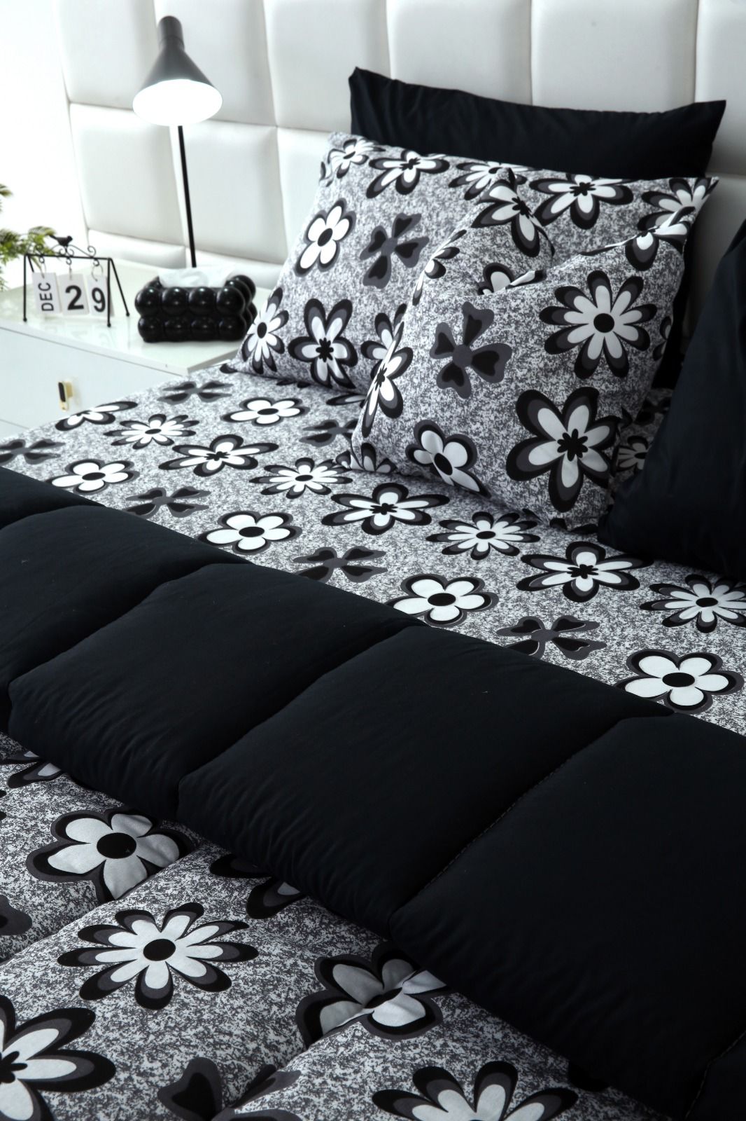 8 PCs Winter Razai Set-Black Flowers Comforters Apricot