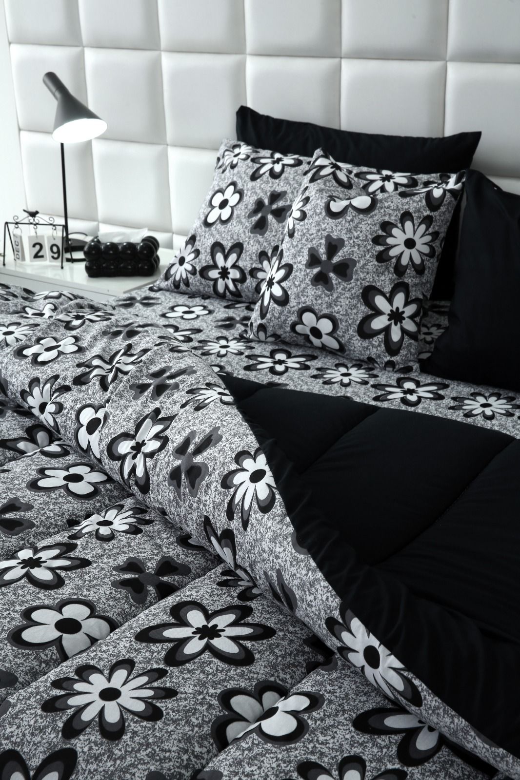 8 PCs Winter Razai Set-Black Flowers Comforters Apricot