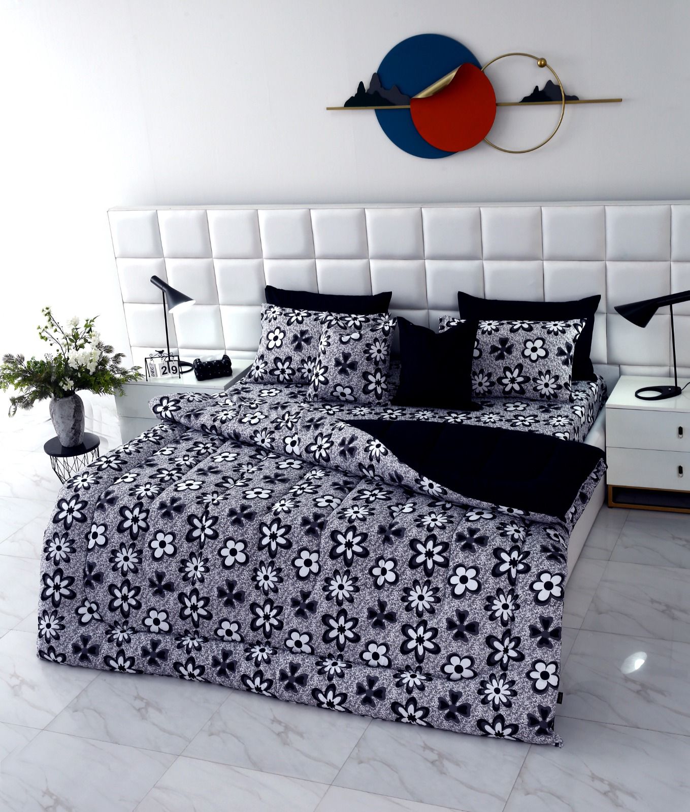 8 PCs Winter Razai Set-Black Flowers Comforters Apricot