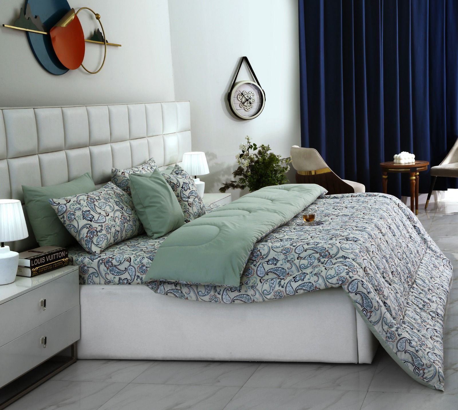 8 PCs Winter Comforter Set-Blue Paisley Comforters Apricot