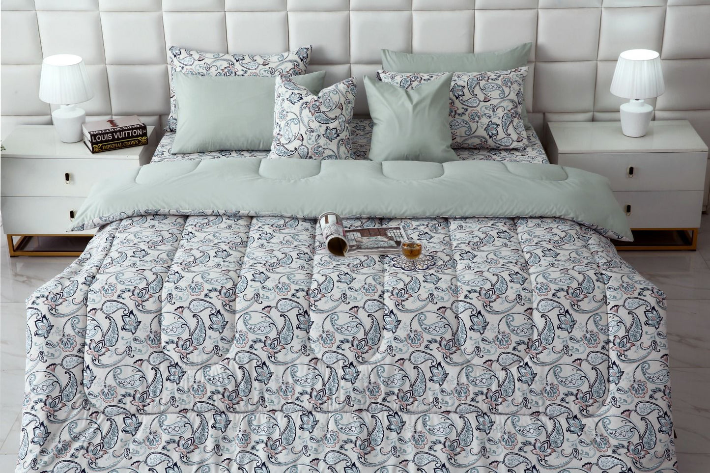 8 PCs Winter Comforter Set-Blue Paisley Comforters Apricot