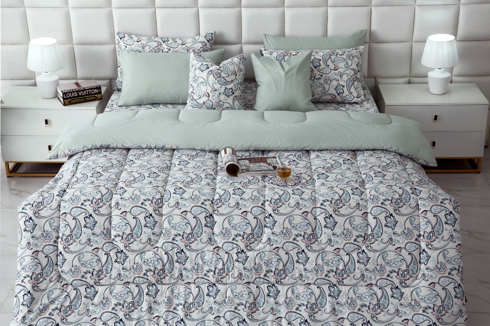 8 PCs Winter Comforter Set-Blue Paisley Comforters Apricot