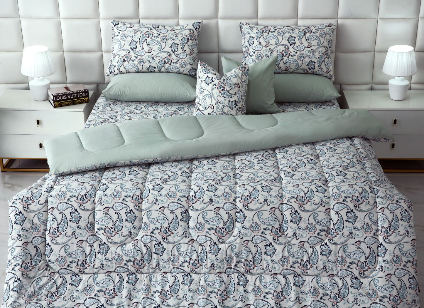 8 PCs Winter Comforter Set-Blue Paisley Comforters Apricot