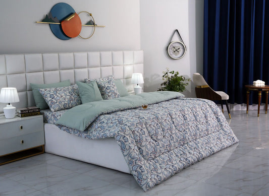 8 PCs Winter Comforter Set-Blue Paisley Comforters Apricot