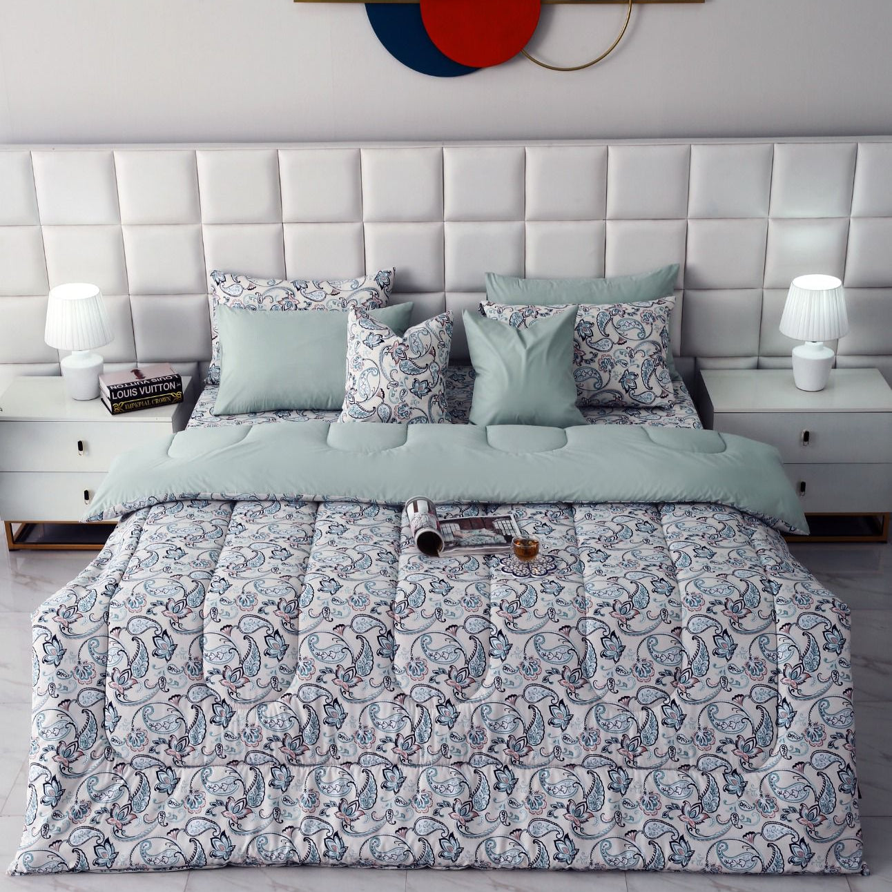 8 PCs Winter Comforter Set-Blue Paisley Comforters Apricot