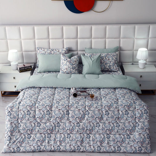 8 PCs Winter Comforter Set-Blue Paisley Comforters Apricot