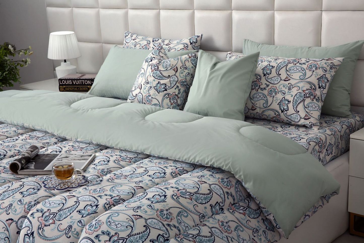8 PCs Winter Comforter Set-Blue Paisley Comforters Apricot