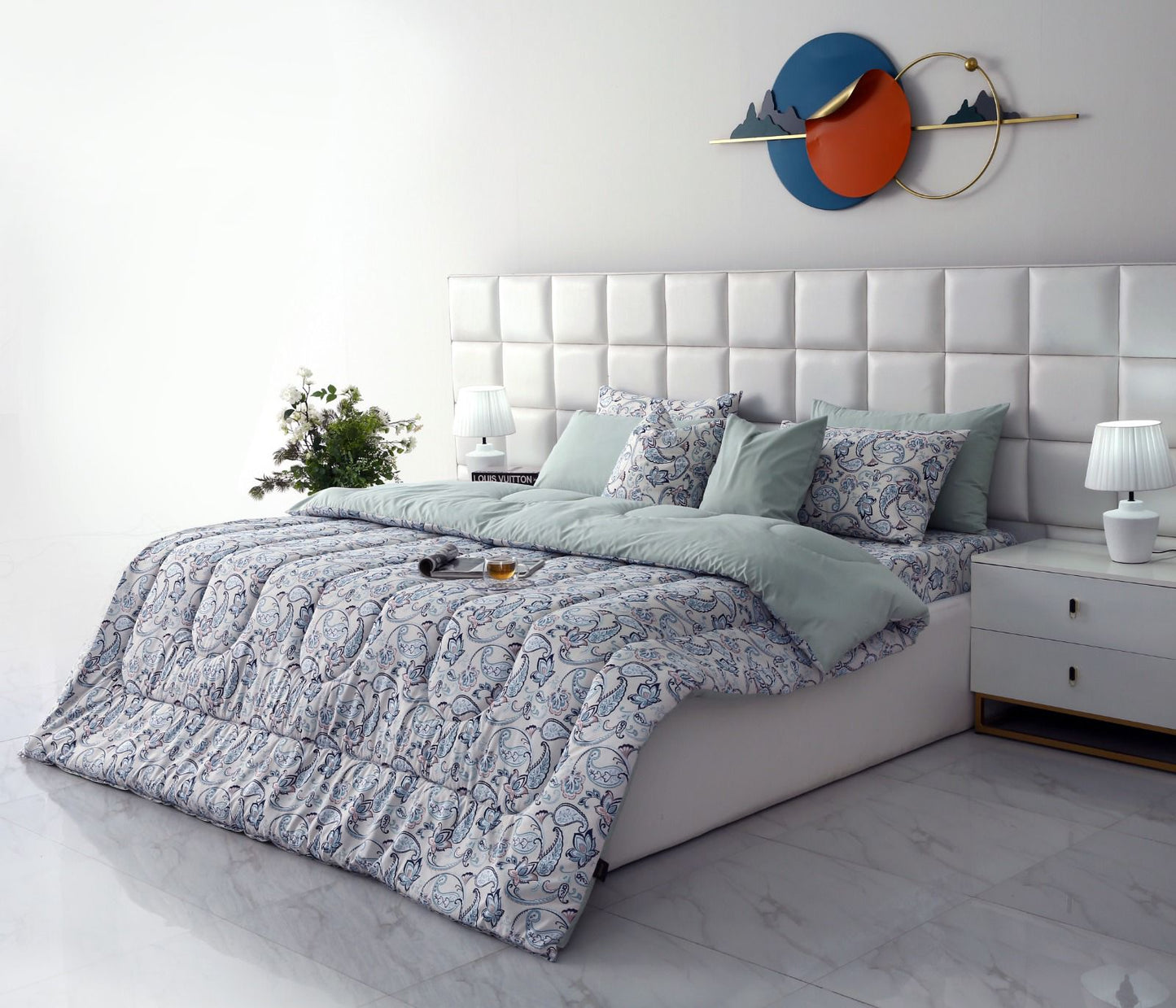 8 PCs Winter Comforter Set-Blue Paisley Comforters Apricot