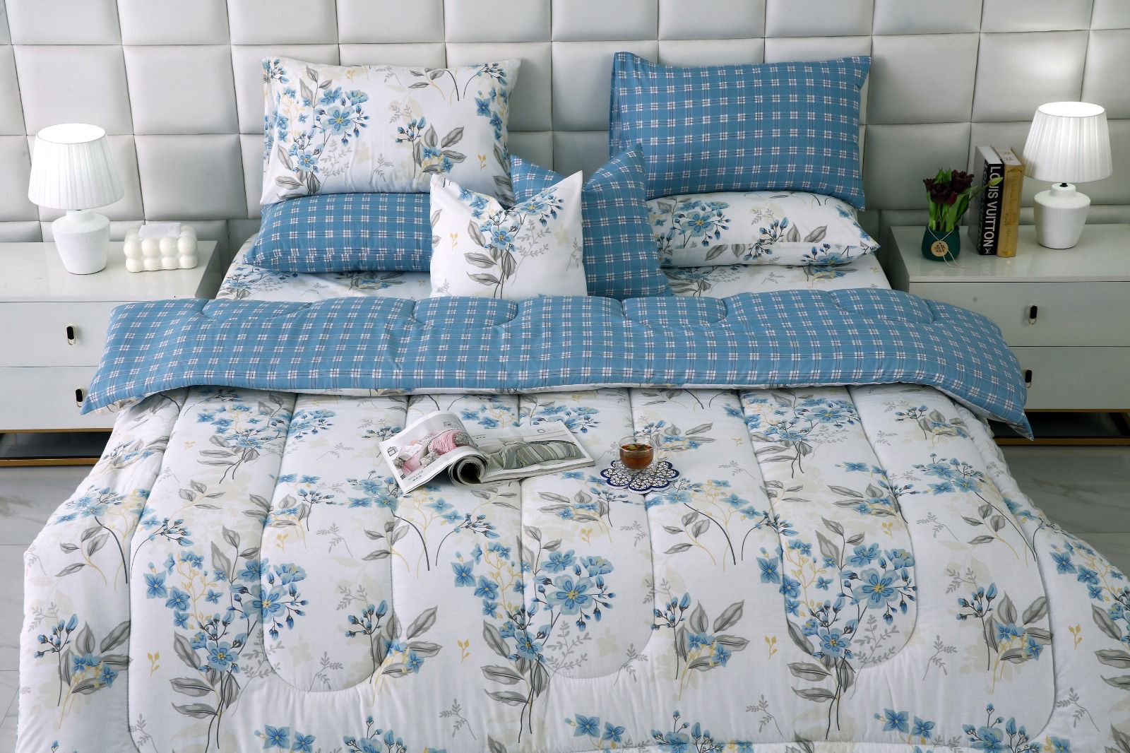 8 PCs Winter Comforter Set-Blue Poppy Comforters Apricot