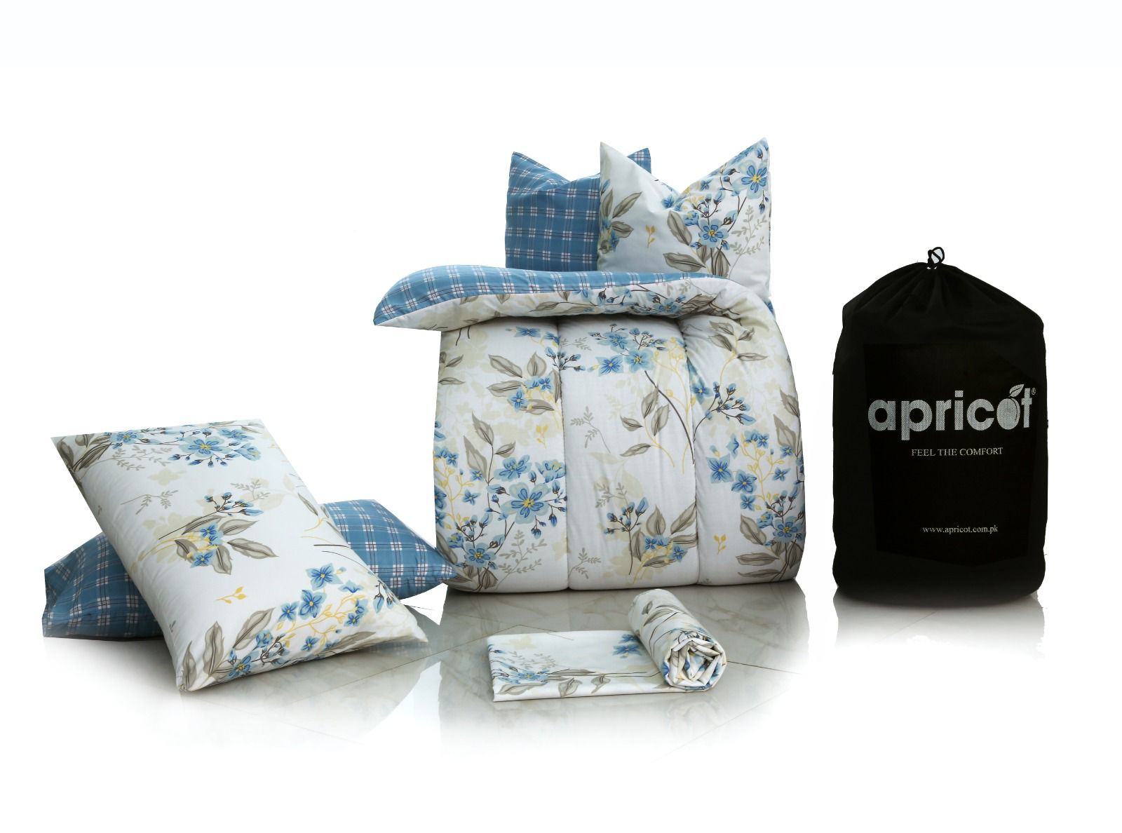 8 PCs Winter Comforter Set-Blue Poppy Comforters Apricot