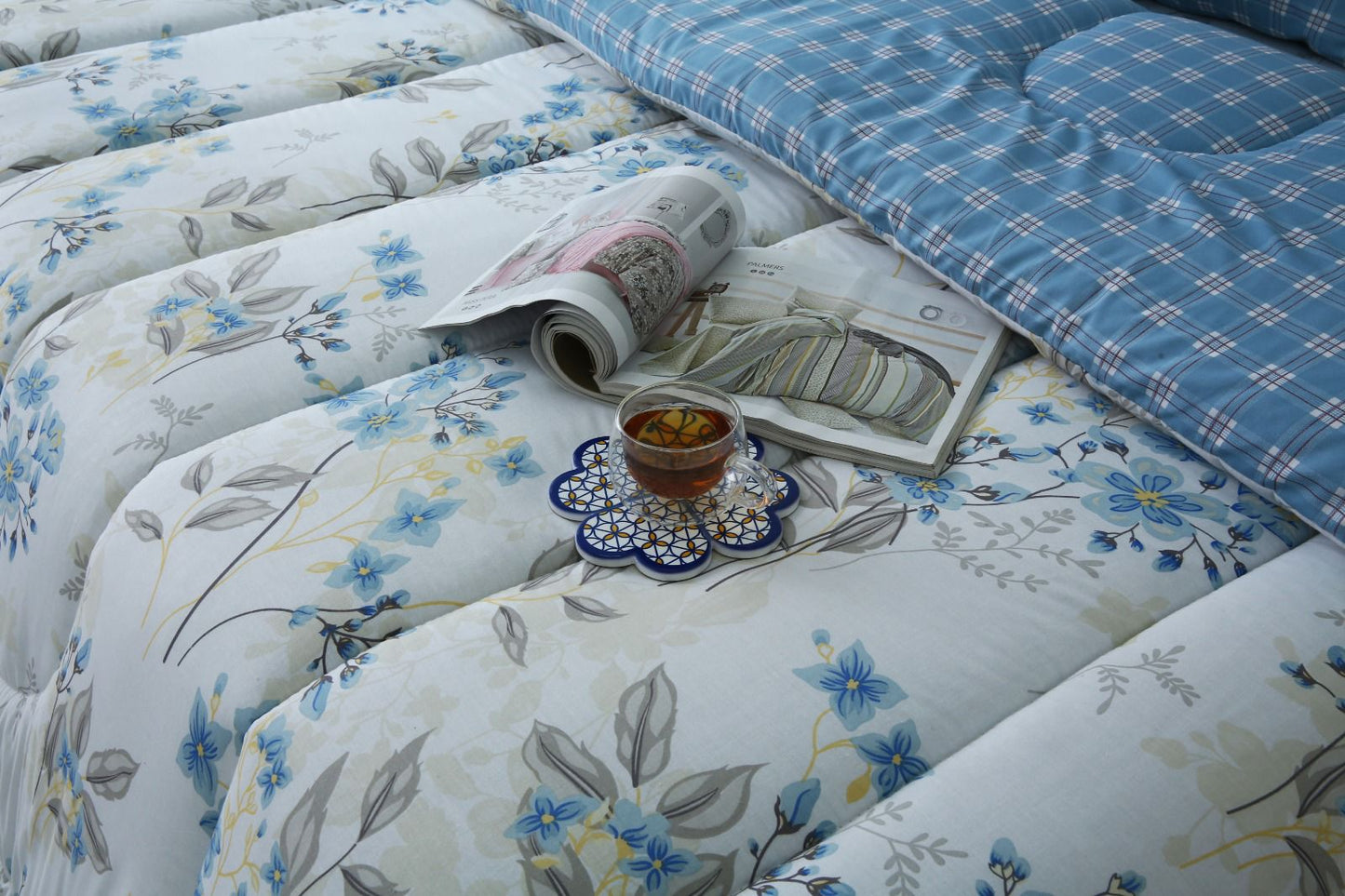 8 PCs Winter Comforter Set-Blue Poppy Comforters Apricot