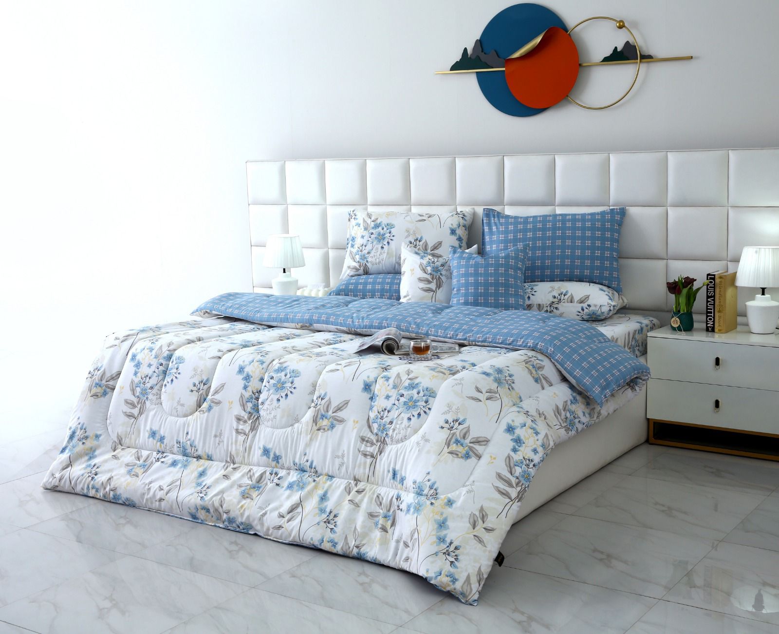8 PCs Winter Comforter Set-Blue Poppy Comforters Apricot