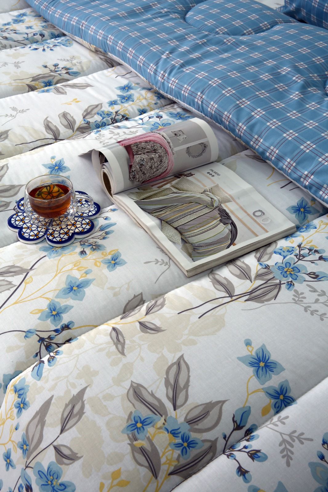 8 PCs Winter Comforter Set-Blue Poppy Comforters Apricot