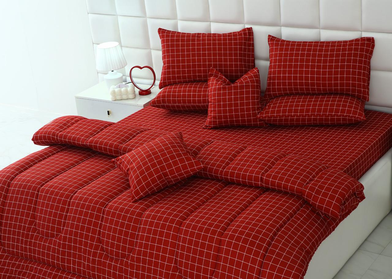 8 PCs Winter Comforter Set-Maroon Check Comforters Apricot