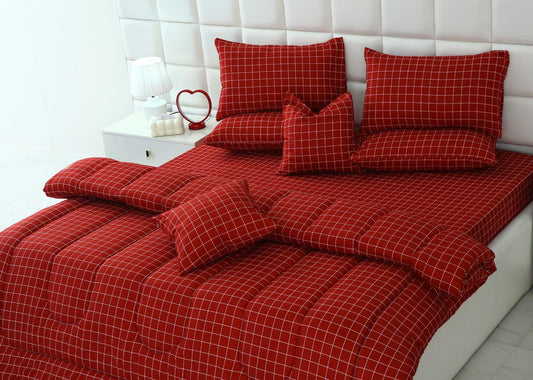 8 PCs Winter Comforter Set-Maroon Check Comforters Apricot