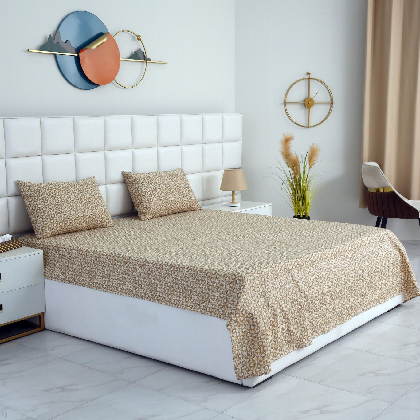 3 PCs Double Bed Sheet-Ecru Flowers Bed Sheets Apricot