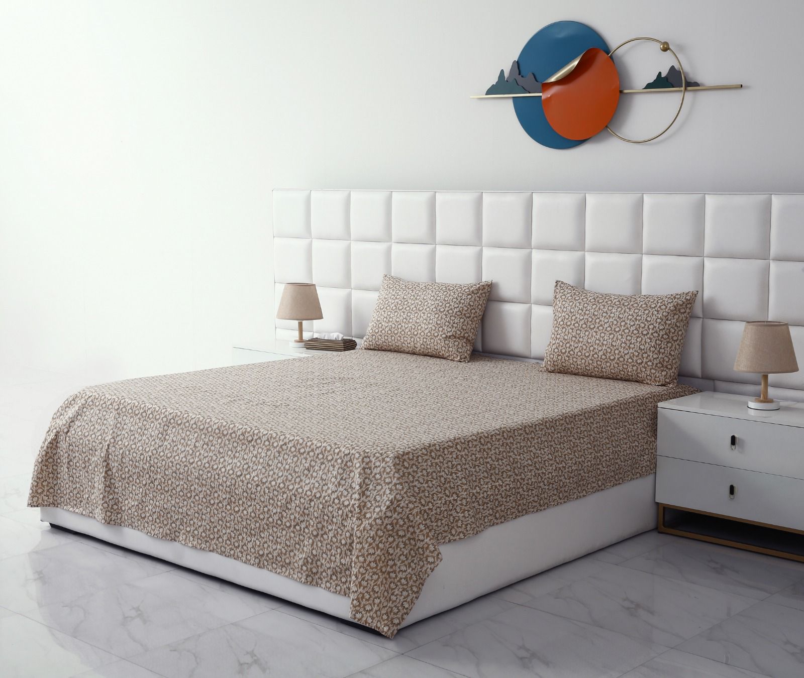 3 PCs Double Bed Sheet-Ecru Flowers Bed Sheets Apricot