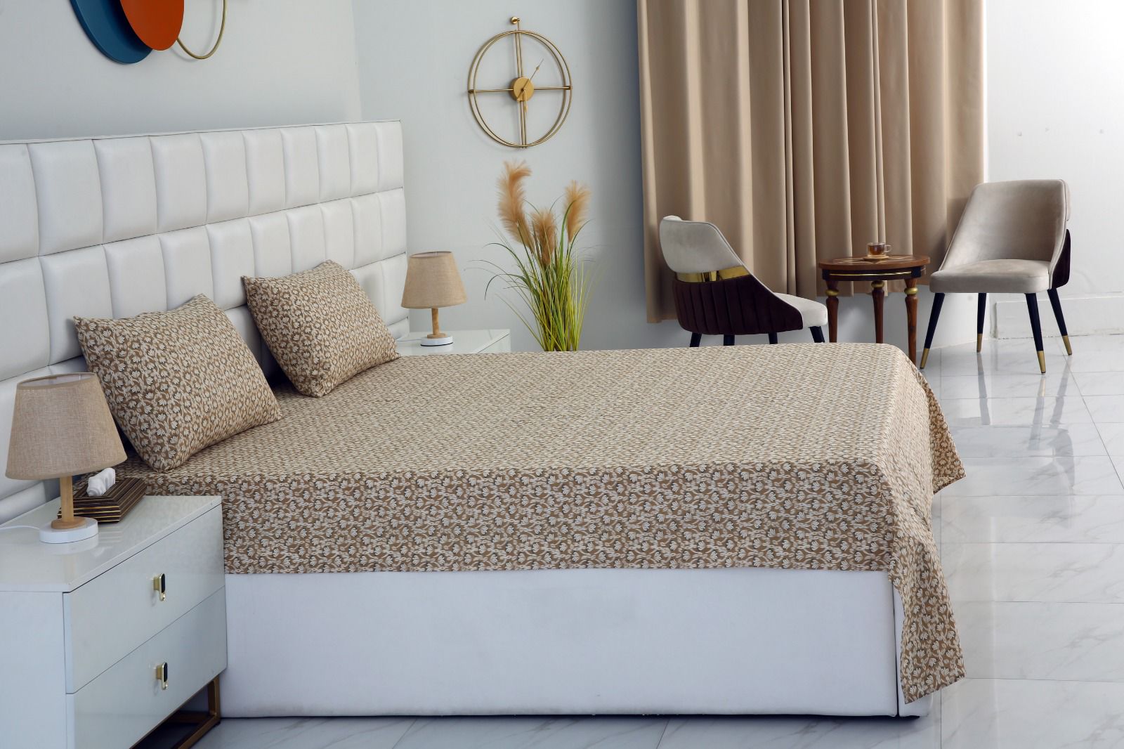 3 PCs Double Bed Sheet-Ecru Flowers Bed Sheets Apricot