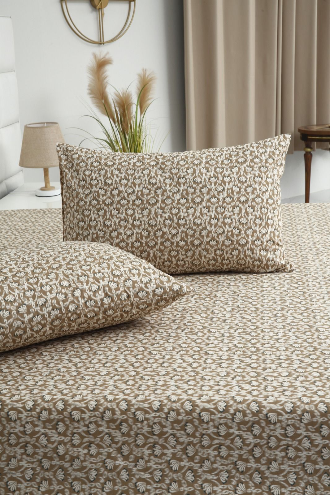 3 PCs Double Bed Sheet-Ecru Flowers Bed Sheets Apricot