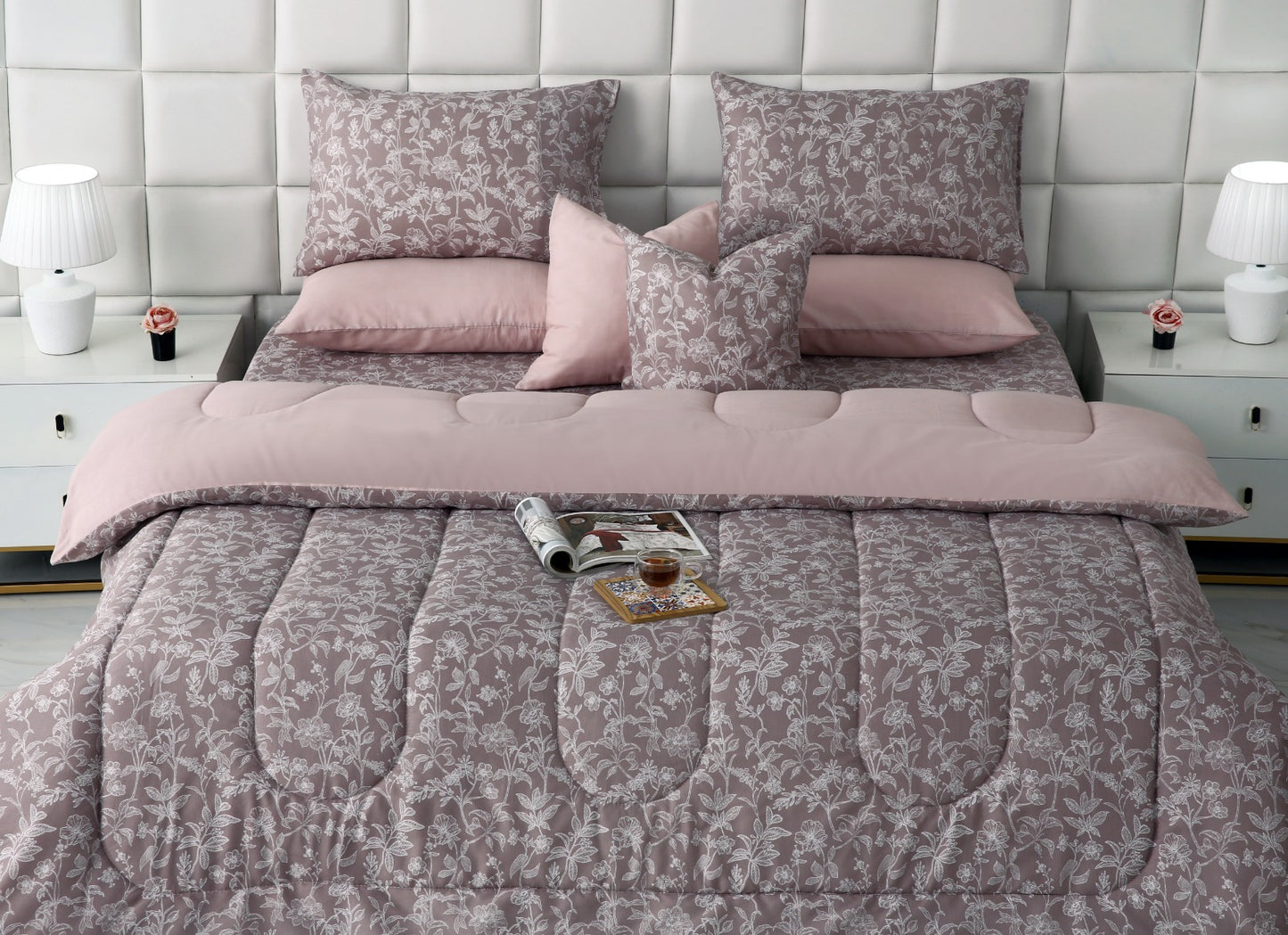 8 PCs Winter Comforter Set-White Peonies Comforters Apricot