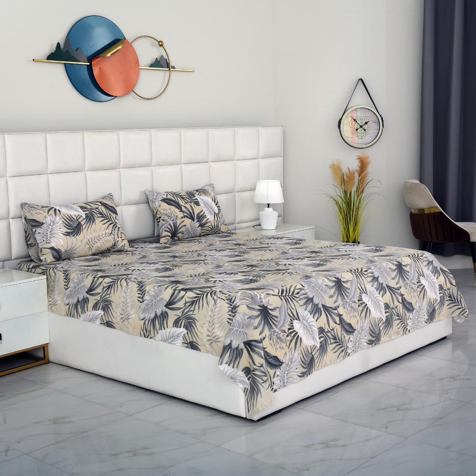 3 PCs Double Bed Sheet-Beige Tropicals Bed Sheets Apricot
