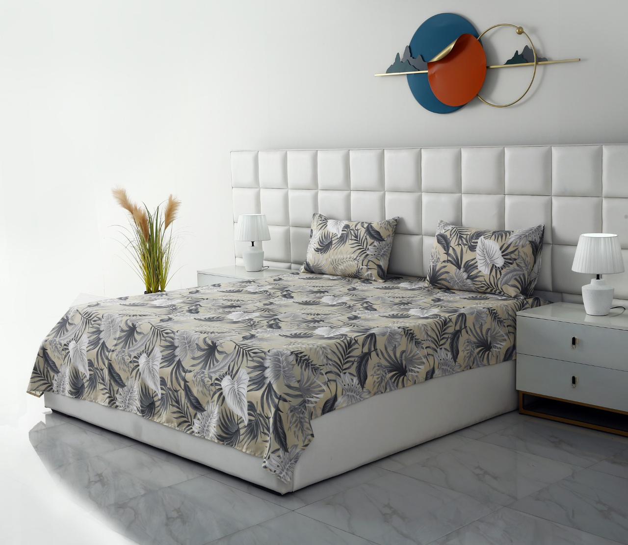 3 PCs Double Bed Sheet-Beige Tropicals Bed Sheets Apricot