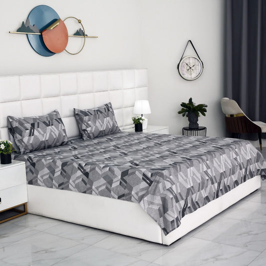 3 PCs Double Bed Sheet-Grey Triangles Bed Sheets Apricot