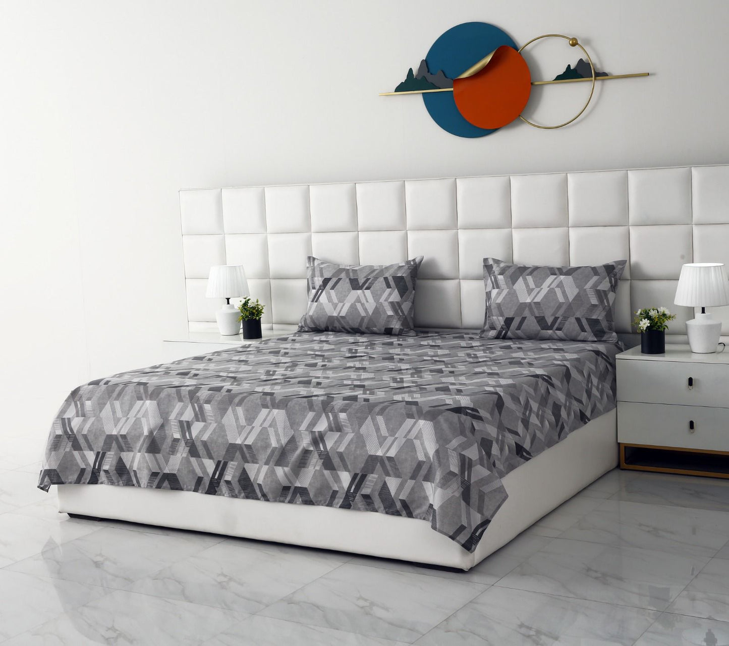 3 PCs Double Bed Sheet-Grey Triangles Bed Sheets Apricot