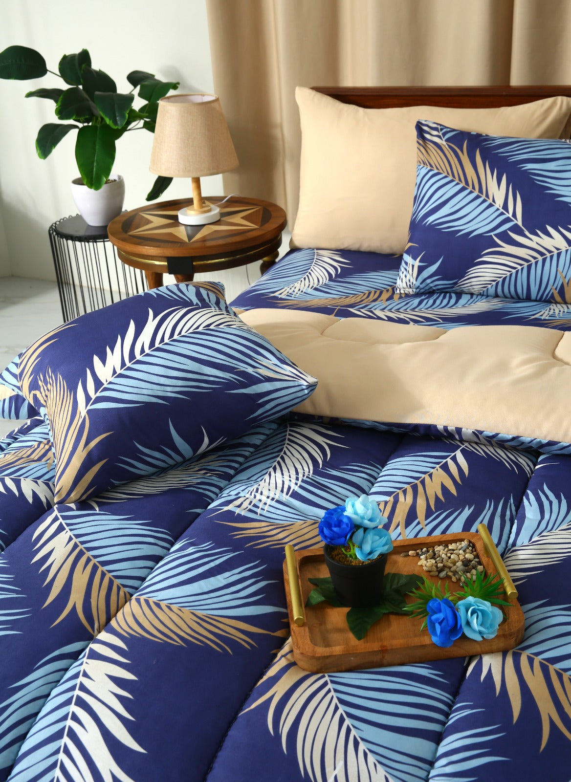 5 PCs Single Comforter Set-Blue Feathers Comforters Apricot