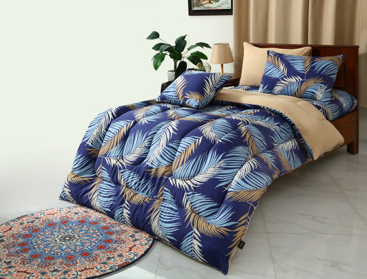 5 PCs Single Comforter Set-Blue Feathers Comforters Apricot