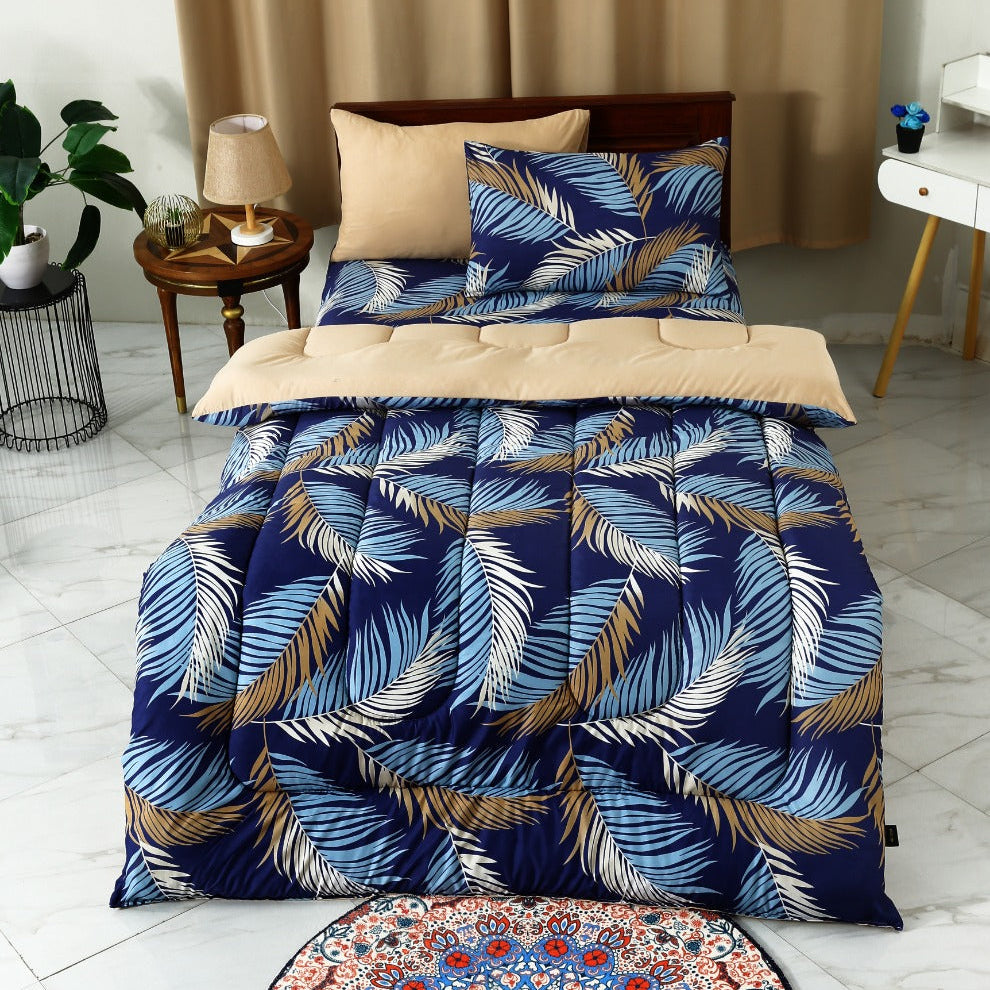 5 PCs Single Comforter Set-Blue Feathers Comforters Apricot