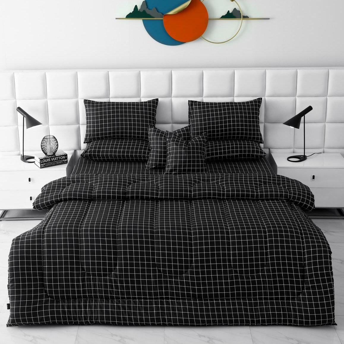 8 PCs Winter Comforter Set-Black Check Comforters Apricot