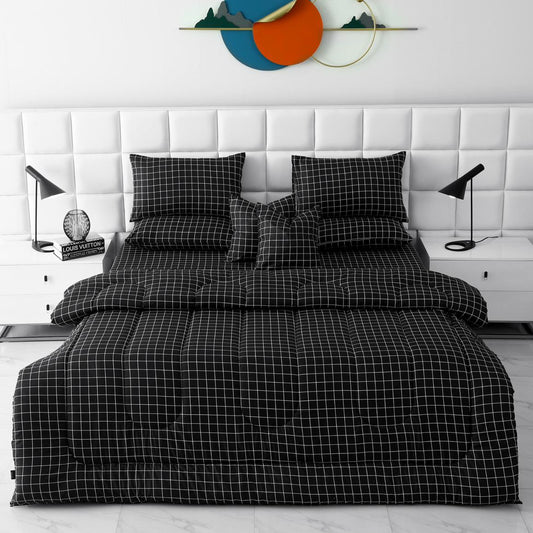 8 PCs Winter Comforter Set-Black Check Comforters Apricot