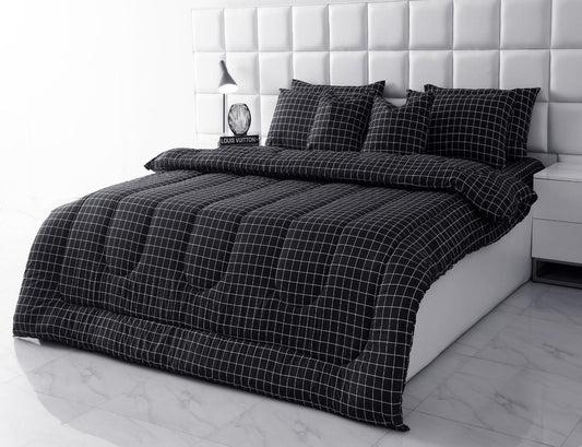 8 PCs Winter Comforter Set-Black Check Comforters Apricot