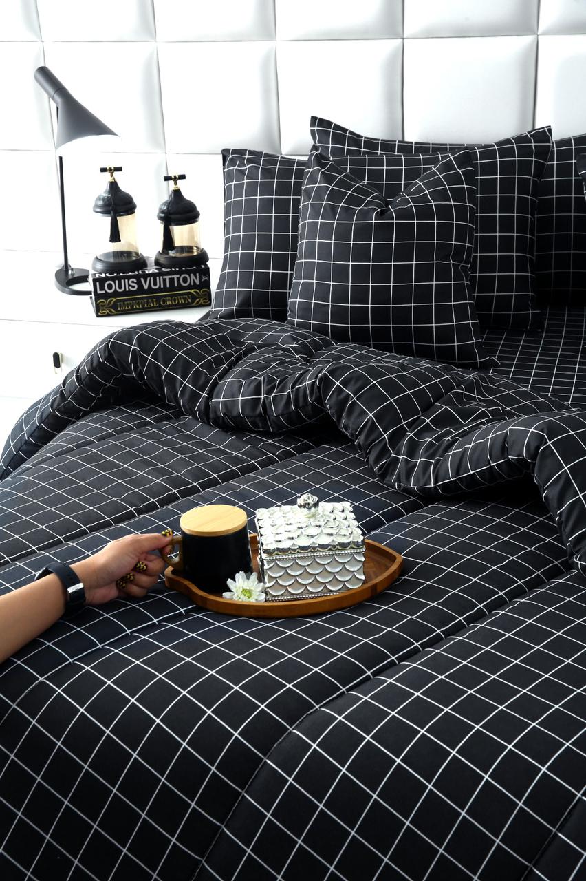 8 PCs Winter Comforter Set-Black Check Comforters Apricot