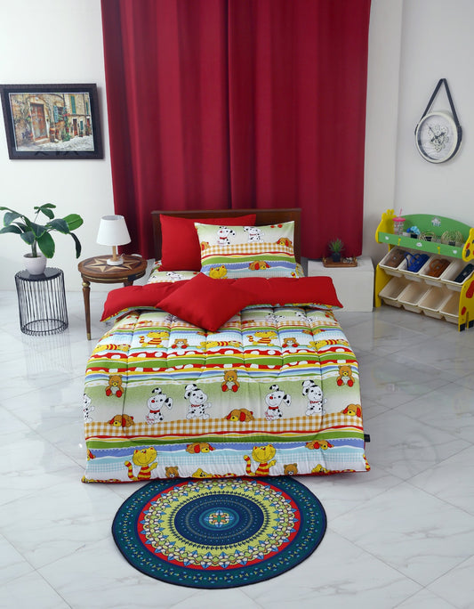 5 PCs Single Comforter Set-Puppies Party(With Red Reverse) Comforters Apricot