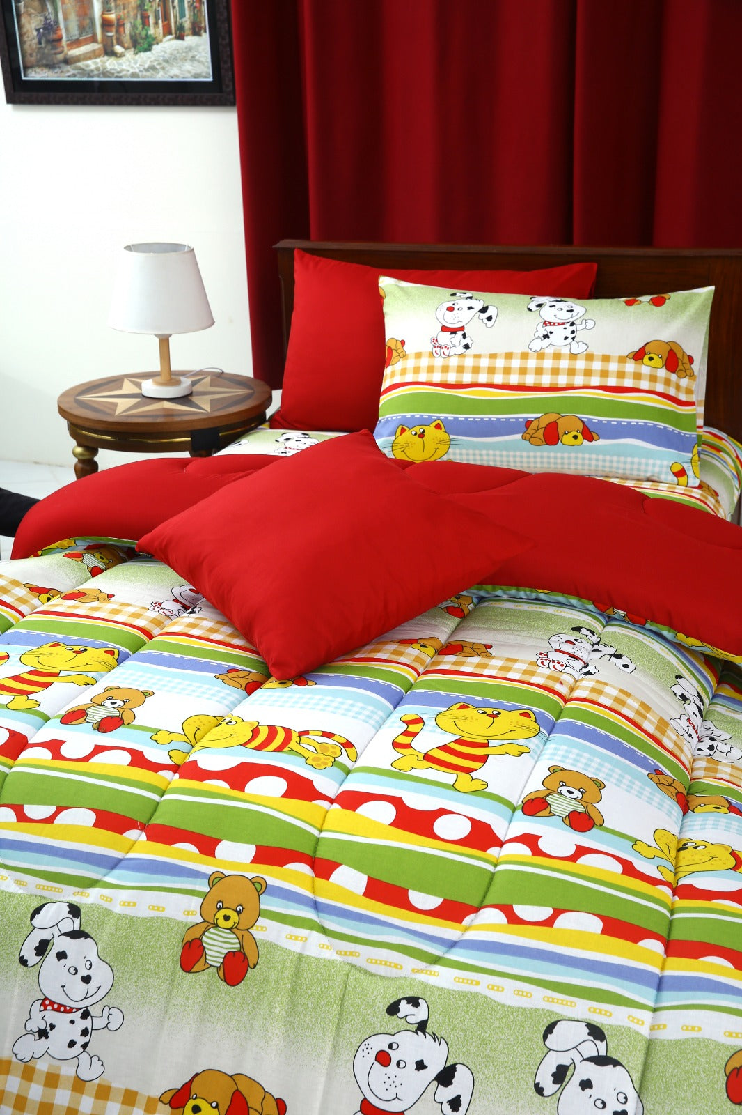 5 PCs Single Comforter Set-Puppies Party(With Red Reverse) Comforters Apricot