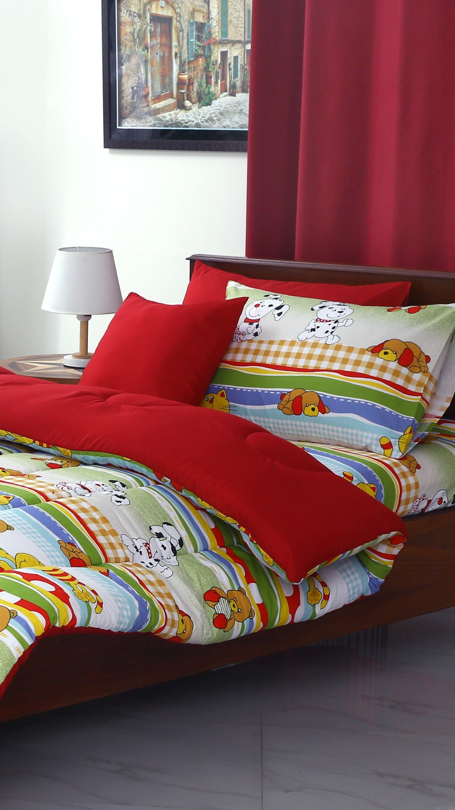 5 PCs Single Comforter Set-Puppies Party(With Red Reverse) Comforters Apricot