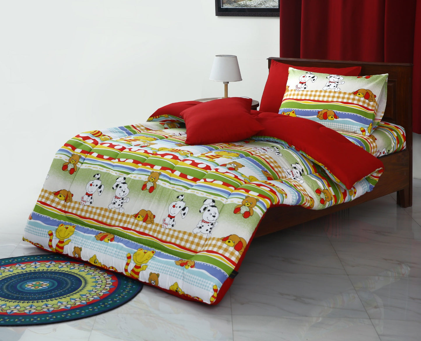 5 PCs Single Comforter Set-Puppies Party(With Red Reverse) Comforters Apricot