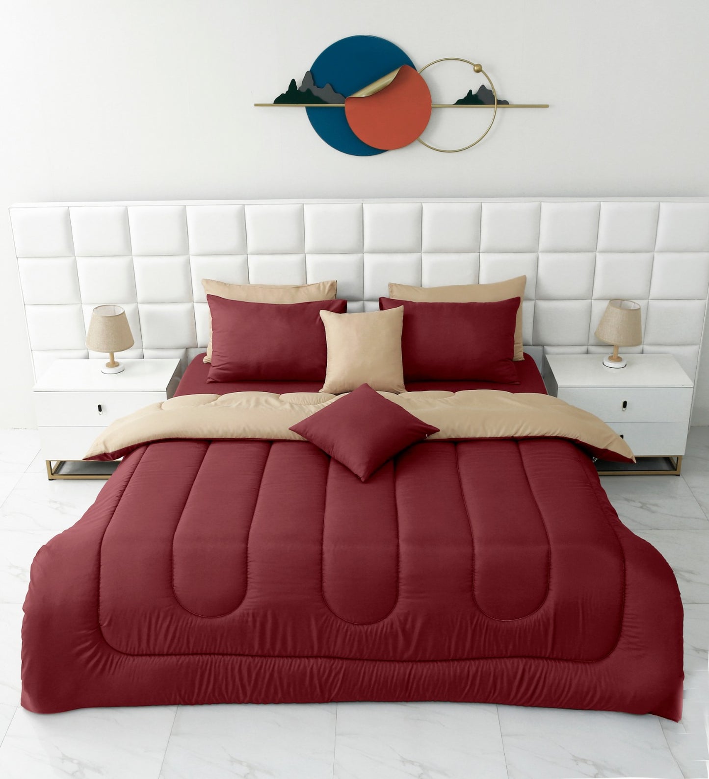 8 PCs Winter Comforter Set-Maroon Over Beige Comforters Apricot
